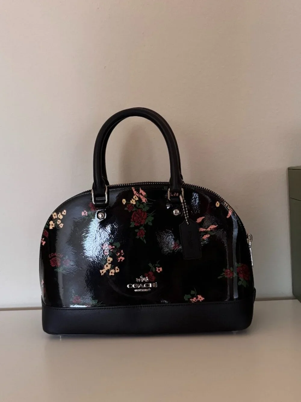 Coach Black Patent Floral Print Dome Satchel Handbag Shell Purse Top Handle